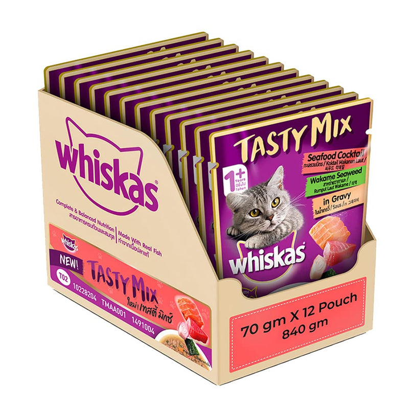 Whiskas Adult Wet Cat Food Tasty Mix Seafood Cocktail Wakame Seaweed in Gravy, 70 g