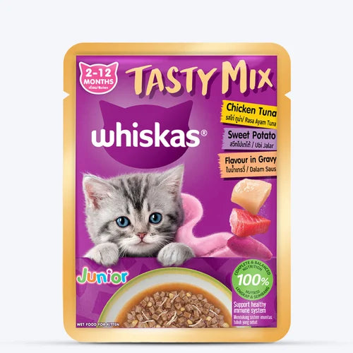 Whiskas Kitten Wet Cat Food Tasty Mix, Chicken Tuna & Sweet Potato in Gravy