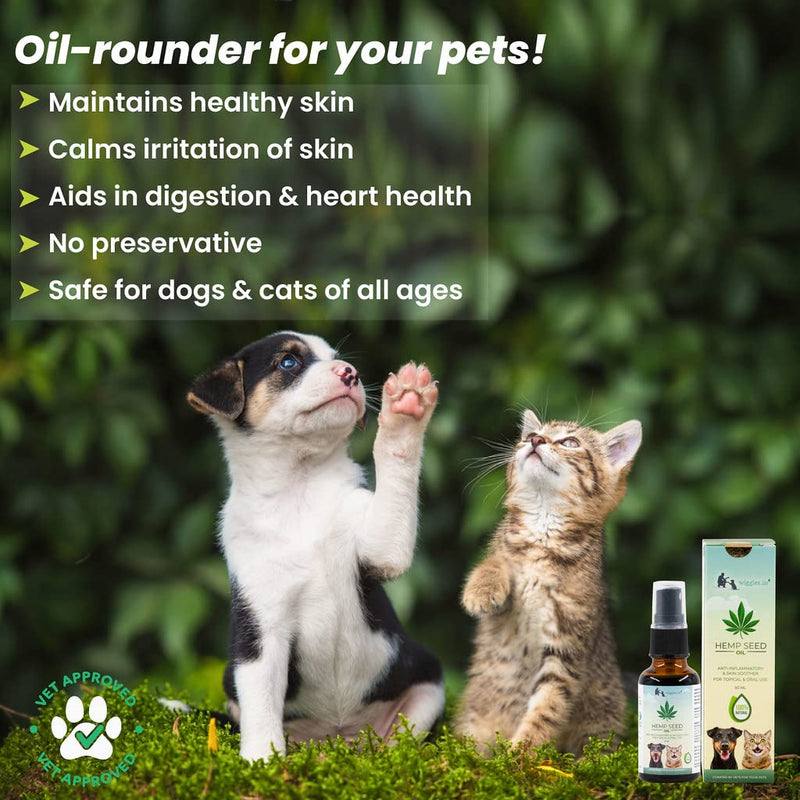 Wiggles Hemp Seed Oil for Dogs Cats Pain Anxiety Relief, 30ml - Pet Joint Support Stress Calming Massage Oil - Skin Coat Allergies Care Herbal Extract, 30ml