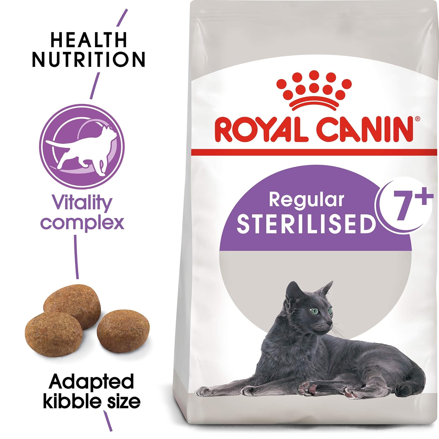 Royal Canin logo and product details for Royal Canin Sterilised 7+ Cat Food.