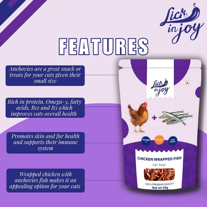 Lick in Joy Soft Cat Jerky All Life Stages Cat Treats,Chicken Wrapped Fish, 35 g