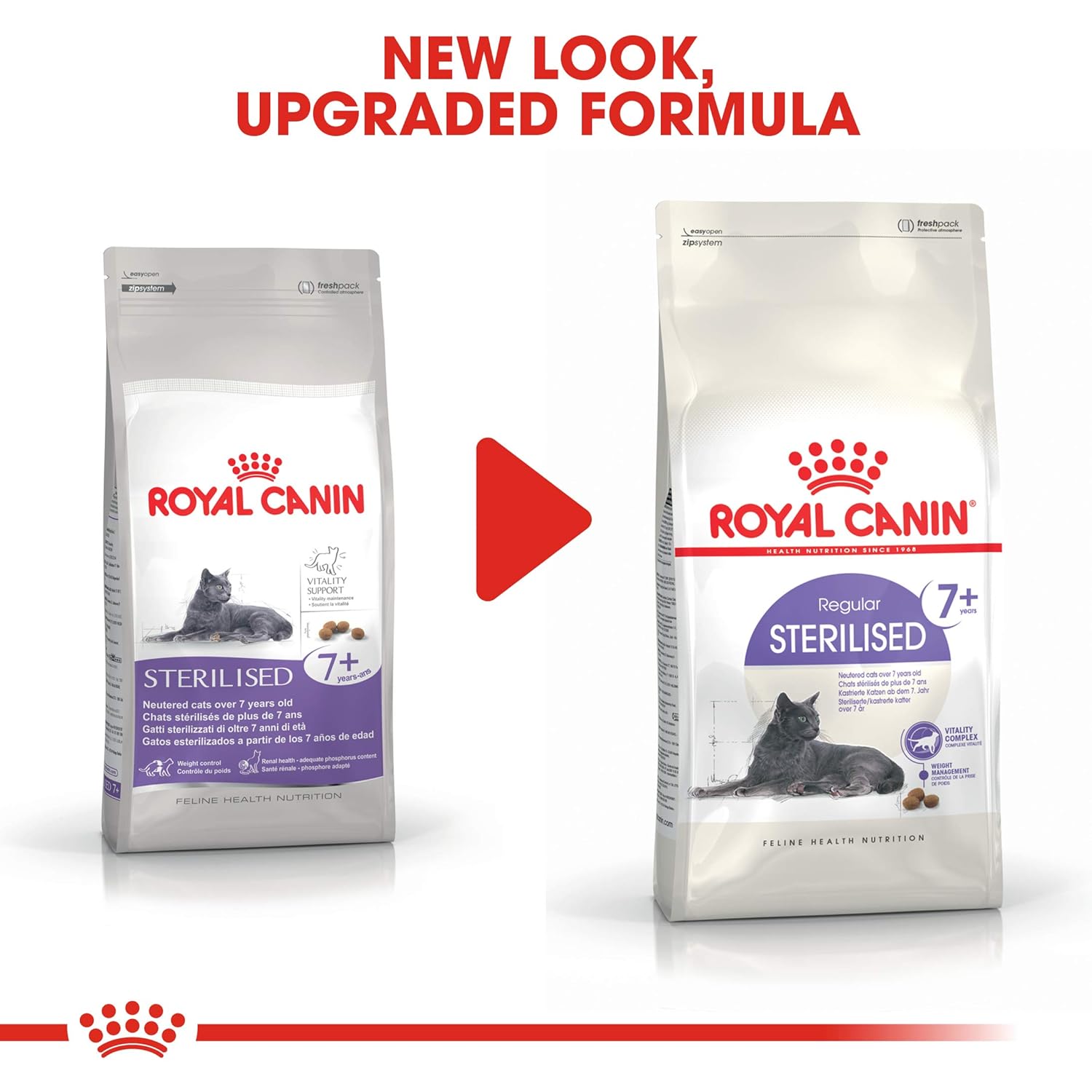 Royal Canin 7+ product packaging, clearly displaying Royal Canin Sterilised 7+ Cat Food.