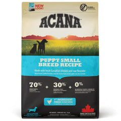 Acana Small Breed Puppy Food with chicken, turkey, and whole eggs.