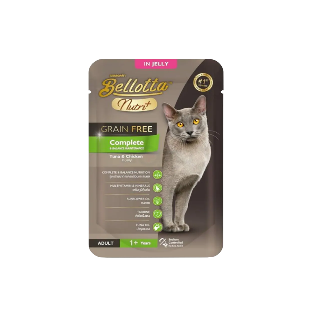 Wet cat food pouch with tuna and chicken.