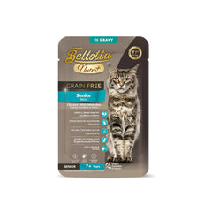 Wet senior cat food pouch with chicken and whitefish.

