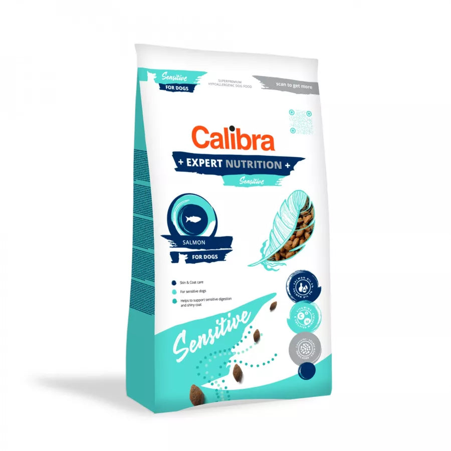 Calibra Sensitive Salmon Hypoallergenic Dog Food bag, showing salmon ingredients and product details.