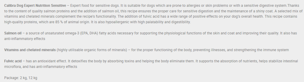 Display of key ingredients in Calibra Sensitive Salmon Hypoallergenic Dog Food, including salmon and rice.