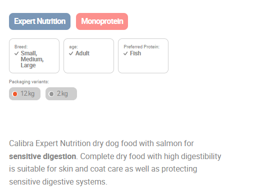 Close up of Calibra Sensitive Salmon Hypoallergenic Dog Food kibble, showing texture and salmon pieces.