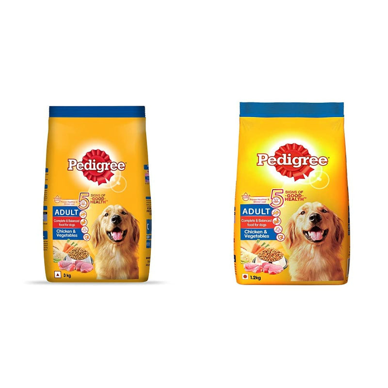 Pedigree Adult Dry Dog Food, Chicken & Vegetables, 3kg Pack and Adult Dry Dog Food, Chicken & Vegetables, 1.2kg Pack