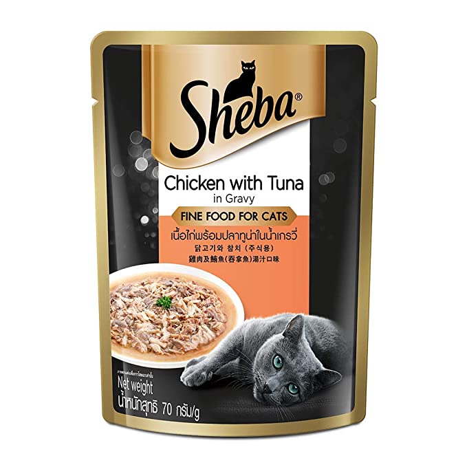 Sheba Fine Adult Wet Cat Food, Chicken with Tuna in Gravy Flavour, 70 g