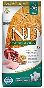 FARMINA PET FOODS N&D Ancestral Grain Selection Dry Dog Food, Adult Medium & Maxi Breed, Chicken and Pomegranate, 15 kg