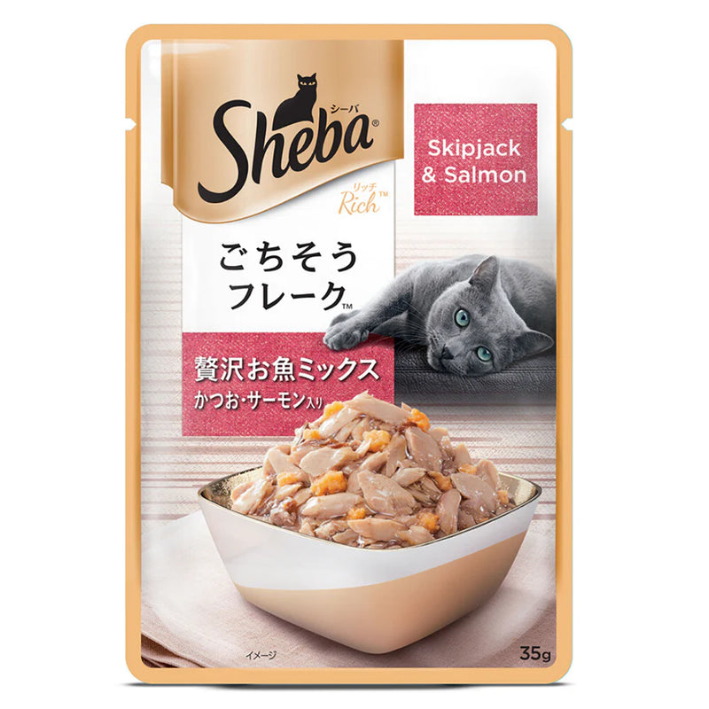 Sheba Fine Adult Wet Cat Food, Skipjack & Salmon Flavour, 35 g