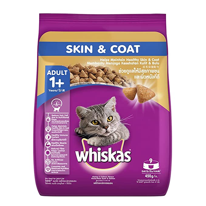 WHISKAS Skin & Coat Adult Dry Food, Chicken & Salmon