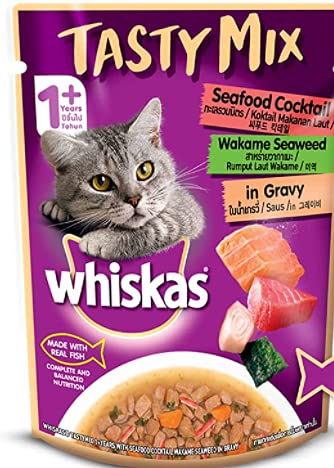 Whiskas Adult Wet Cat Food Tasty Mix Seafood Cocktail Wakame Seaweed in Gravy, 70 g