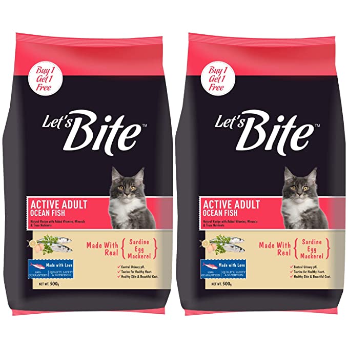 Let's Bite Active Adult Dry Cat Food, Fish Flavor, 500g (Buy 1 Get 1 Free)