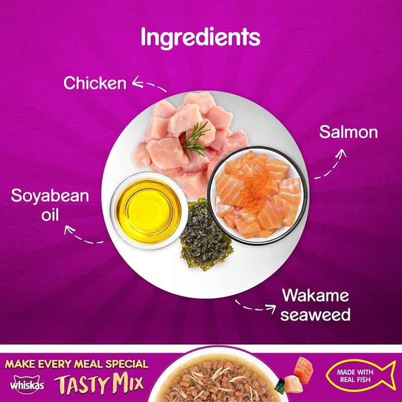 Whiskas Adult Wet Cat Food Tasty Mix, Chicken Salmon Wakame Seaweed in Gravy