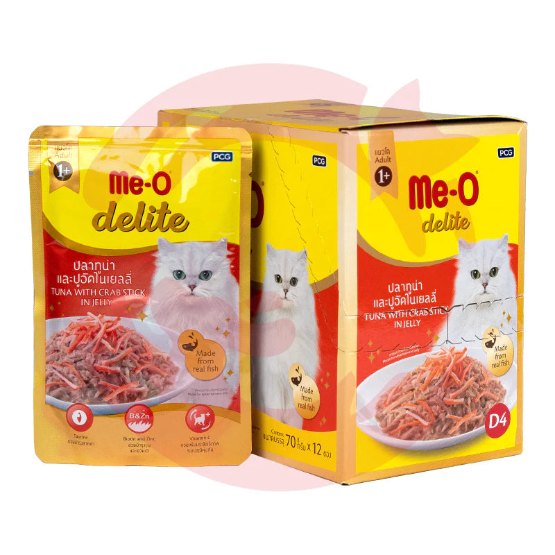 Me-O Delite Wet Cat Food Tuna with Crab Sticks in Jelly (70g x 12 Pouches)