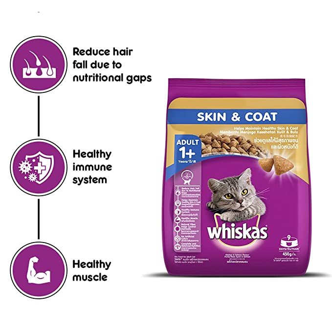 WHISKAS Skin & Coat Adult Dry Food, Chicken & Salmon