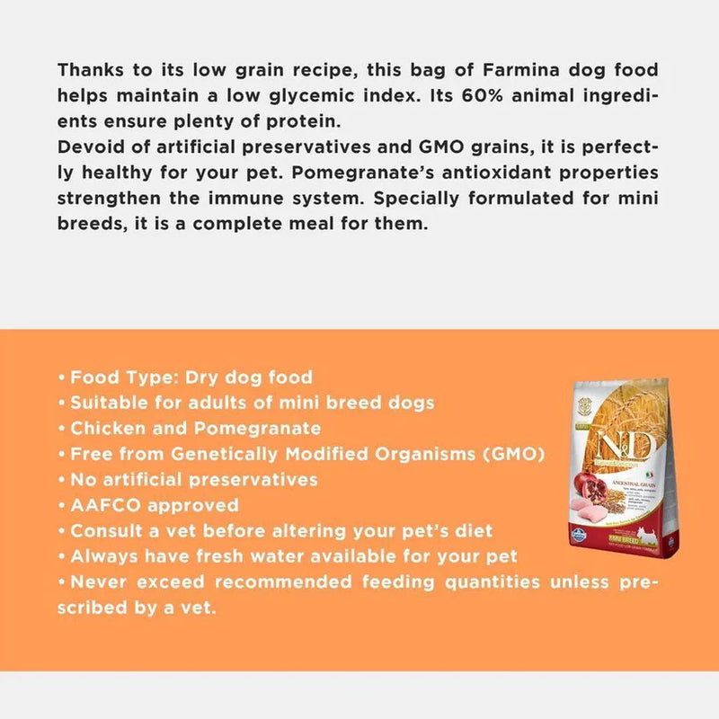 Farmina N&D Low Grain Mini Breed Adult Dry Dog Food  Chicken & Pomogranate