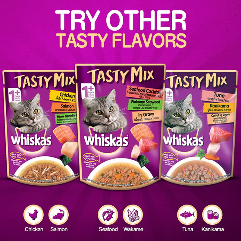 Whiskas Adult Wet Cat Food Tasty Mix, Chicken Salmon Wakame Seaweed in Gravy