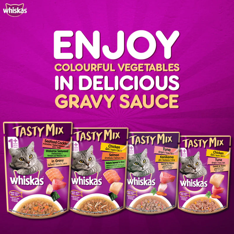 Whiskas Adult Wet Cat Food Tasty Mix Seafood Cocktail Wakame Seaweed in Gravy, 70 g