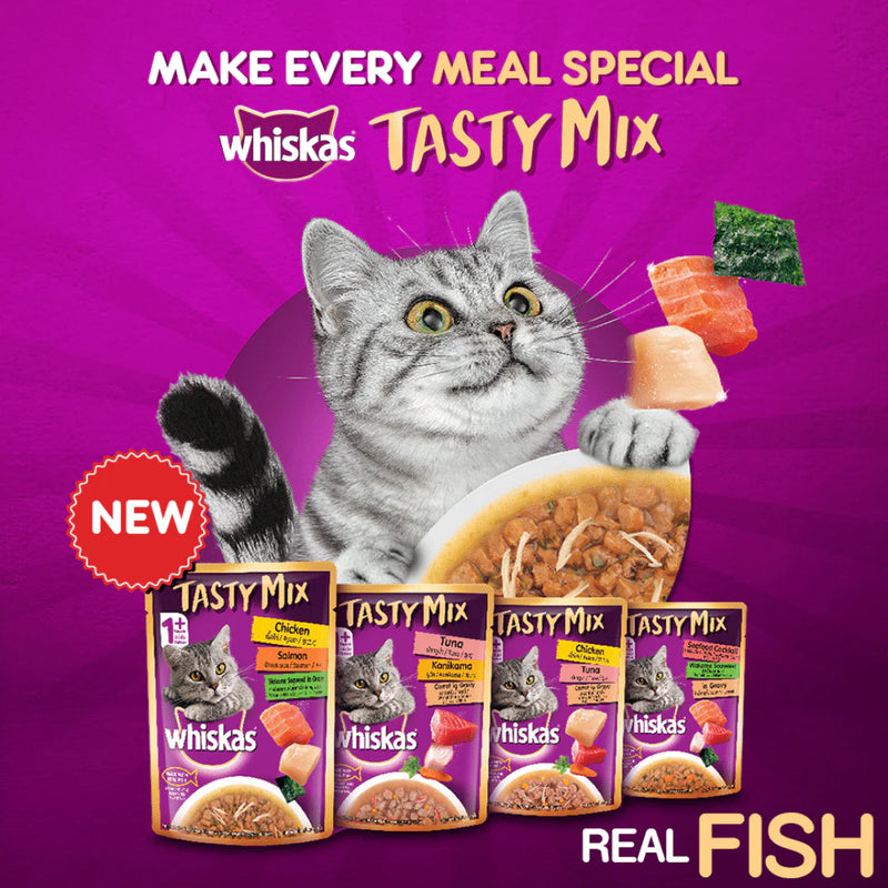 Whiskas Adult Wet Cat Food Tasty Mix Seafood Cocktail Wakame Seaweed in Gravy, 70 g